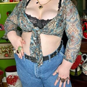 Y2k Whimsigoth Boho Grunge Fairycore Sheer Blue Paisley Print Cardigan